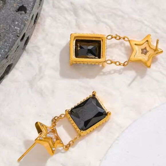 New Stunning 18k Gold Ss and Black Cubic Zircona Star Drop Earrings - Picture 5 of 9